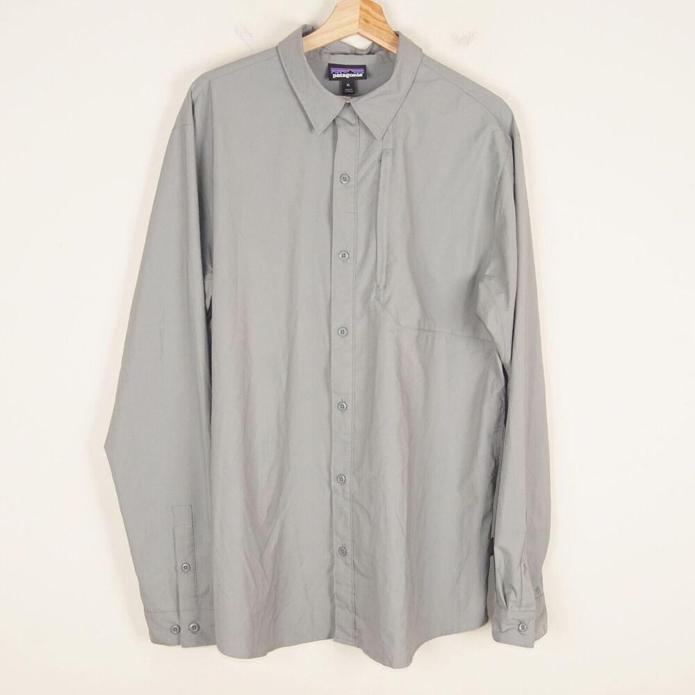 Patagonia Skiddore Long Sleeve Gray UPF 50 Zip Pocket Button Shirt Mens Sz XL